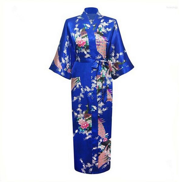 Kadınların pijama kraliyet mavisi genç bayan v yaka tavus kuşu kimono elbisesi yarım kollu softy uzun düğün bornoz gevşek rahat samimi iç çamaşırı