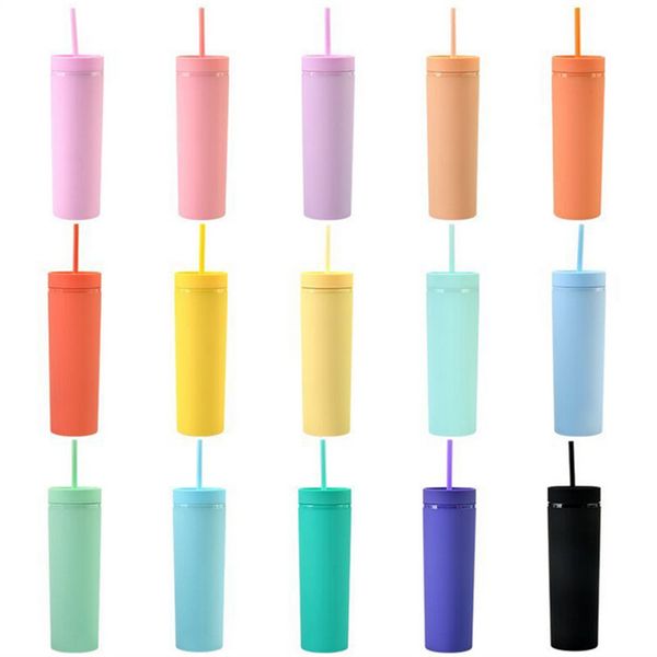 Großhandel 16oz Acrylbecher Bunte Wasserflaschen mit Strohhalmen Kunststoff-Trinkbecher Doppelt isoliertes Glas BPA-frei A12