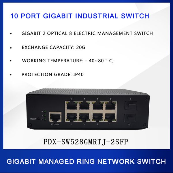 10 Port Gigabit Ring Network 2 Optical e 8 transceptor de fibra óptica de gerenciamento industrial elétrico