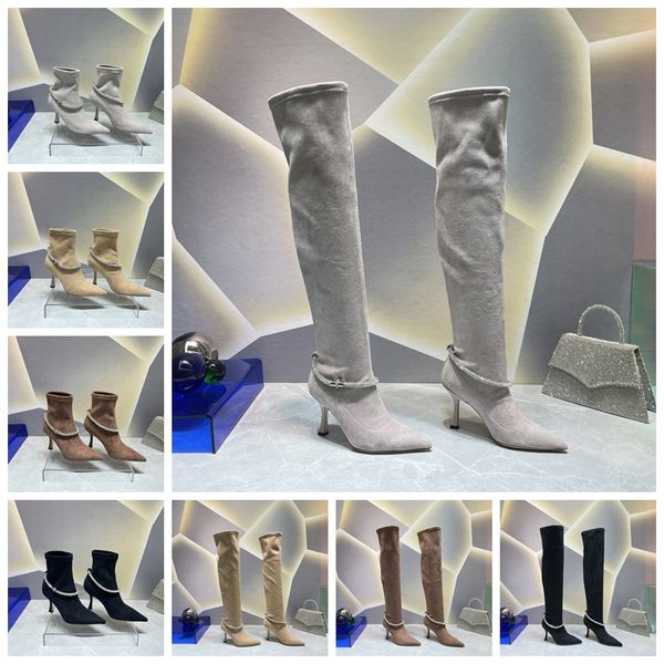 Designers luxuosos Botas de tornozelas sapatos de vestido coxa de bota de bota de pele de carneiro de cristal Corrente de diamante