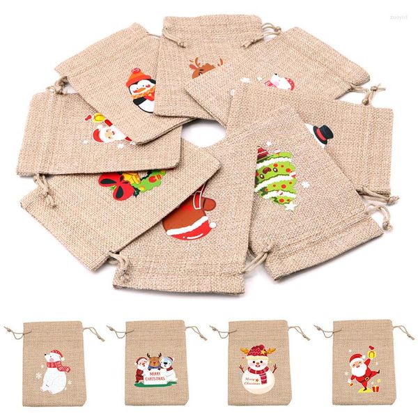 Confezione regalo 5 pezzi Sacchetti di Natale Decorazione 2023 Custodia con coulisse Tasca portaoggetti in cotone e lino Mini Candy Iuta Forniture per imballaggio