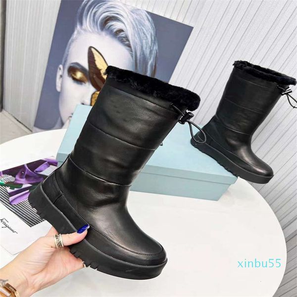 Designer de moda Mulheres inverno botas de neve preto com peles band de couro genuíno knight knight clássico ao ar livre booties de joelho