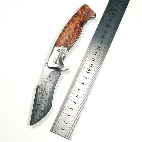 Promo￧￣o R1023 Flipper dobr￡vel Faca VG10 Damasco Ponto de a￧o Ponto de l￢mina ￡cido Grava Madeira de sombra com ma￧aneta da cabe￧a de a￧o Rolu￧￣o EDC Pocket Knives