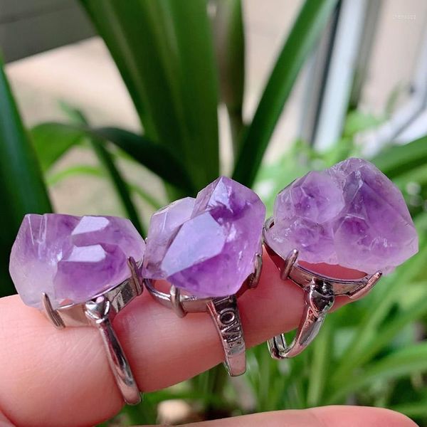 Eheringe Reiki Bergkristall Offen Einstellbar Unregelmäßige Stein Blume Natürliche Amethysten Lila Quarz Ring Party Schmuck Frauen