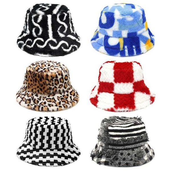 Beanie / Skull Caps 2022 New Winter Bucket Hats Women Fashion Print Ladies Warm Panama Hat Wool Soft Velvet Fur Rabbit Hair Outdoor Fisherman Hat T221020
