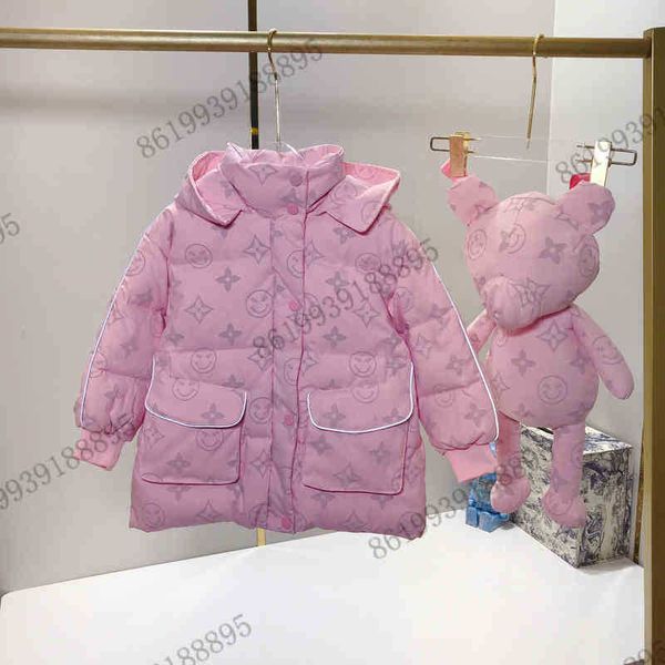 Completi di abbigliamento ragazze riflettenti rosa piumini lunghi giacca per bambini di fascia alta di marca inverno spesso e caldo nuovi cappotti con cappuccio per bambini classici 90 oca bianca cerniera -cappotto