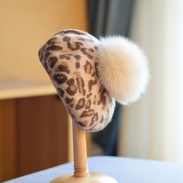 Berets Baskenmütze Frauen Wintermütze Wolle Stricken Leopard Echtpelz Pompom Herbst Warmes Skifahren Zubehör Für Im Freien Luxus