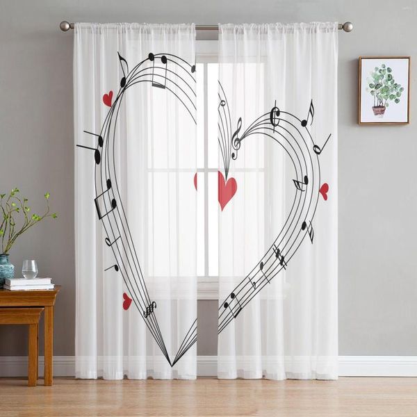 Vorhang, Musiksymbol, rotes Herz, Musiknote, Vorhänge für Wohnzimmer, Schlafzimmer, transparenter Tüll, Fenstervorhänge, transparent