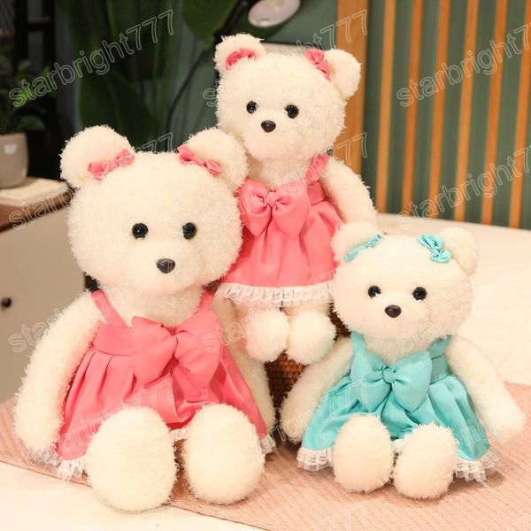 35/45 cm Kawaii Peluche Capelli Ricci Orsacchiotto Giocattoli Simpatico Orso con Fiocco Bretella Abito Cuscino Farcito Bambole Morbide Ragazze Regali