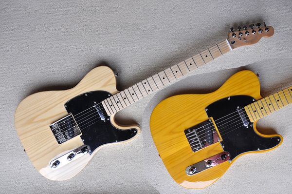 Chitarra elettrica personalizzata in legno naturale di colore giallo chiaro con corpo in frassino, tastiera in acero, battipenna nero, hardware cromato personalizzabile