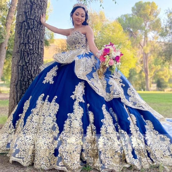 Azul real quinceanera vestidos de ouro apliques lantejoulas doce vestido de baile 16 querida pérolas vestidos de 15 anos 326 326