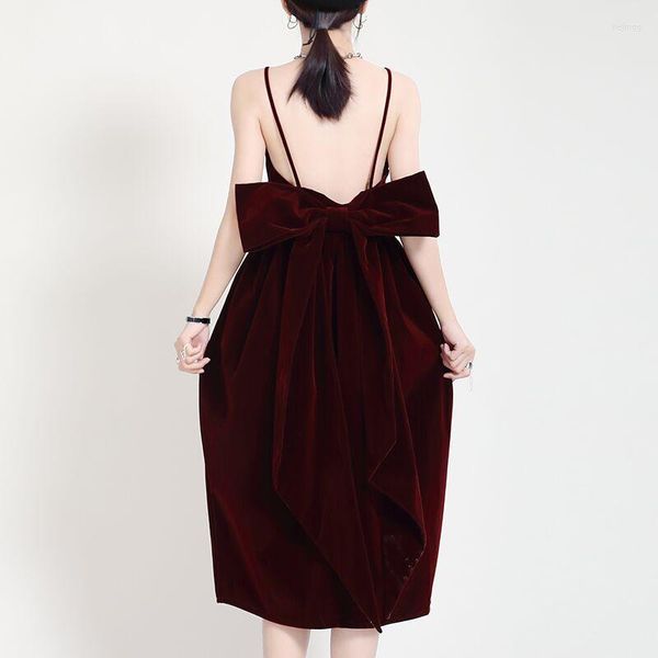 Casual Kleider 2022 Frühling Wein Rot Samt Backless Sexy Spaghetti Strap Kleid Elegante Damen Mode Großen Bogen V-ausschnitt BUD Frauen y1004