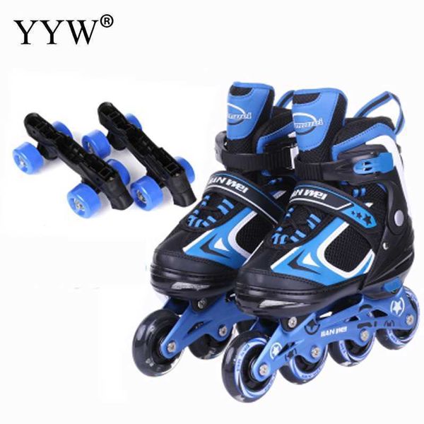 Pattini da ghiaccio Roller Skate 2 in 1 In linea Doppia fila regolabile Pu Ruote in gomma Scarpe Sneaker Pattinaggio Bambini Nero Ragazzi Ragazze L221014