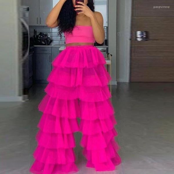 Saias 2022 High Street Red Ruffles Triered calças de tule Mulheres personalizadas Feito Pearl Pink Feminino Longo Long Pant Summer