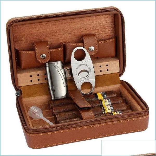 Accessori per sigari Accessori per sigari Humidor portatile in legno di cedro Custodia da viaggio avvolgente in pelle 4 Sigari Box Umidificatore Umidificatore Fo Dhnof