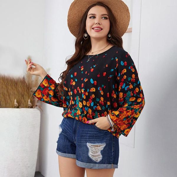 Estilo de camisa xl-4xl plus size casual o-gola impressão feminina solta manga longa tampos de túnica de túnica vintage ladras