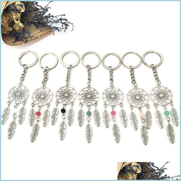 Anahtarlıklar Landards Sier-Color Dreamcatcher Keychain Tüy Yaprak Dreamnet Catcher Key Sahibi Pembe Blue Bead Boncuk Asma Dekoratio Dhcrr