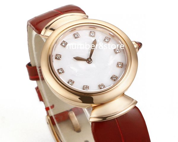 18K Gül Altın Lady Watch Beyaz Asetate Dial Diamond Endeksleri İsviçre Kuvars Movment Safir Kristal Kadınlar Lüks Bilek saati Kırmızı Timsah Bilezik 30mm