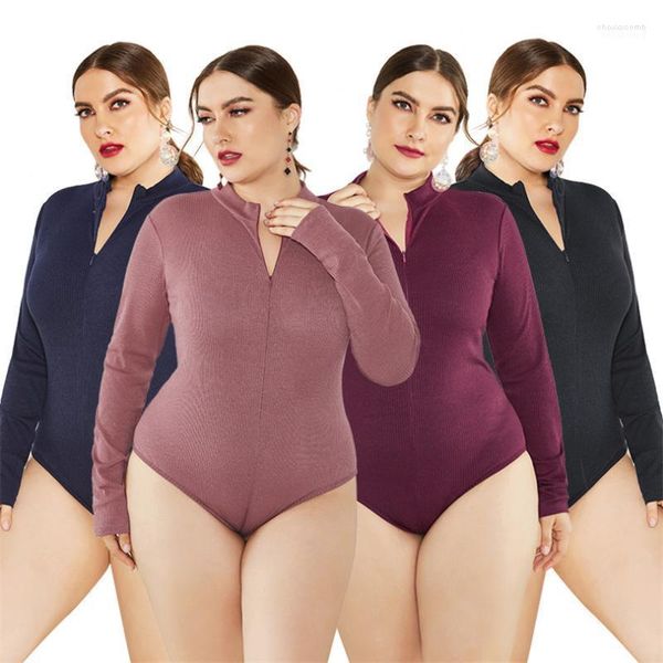 Macacões femininos macacões femininos plus size mulheres 5xl stand colar com manga longa com zíper de malha de malha