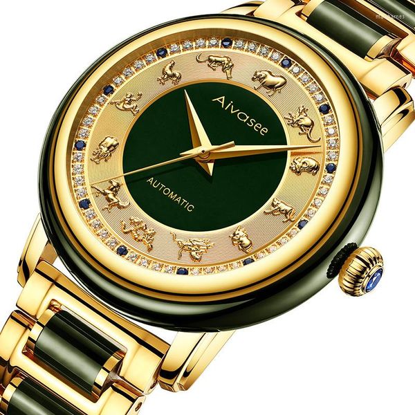 Avanadores de pulso Moda Zodiac Scale Dial Dial Cyan Jade Hisk's Watch Sapphire Diamond Inclay Relógio Casal de relógios de pulso mecânico automático