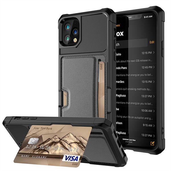 Custodie per telefoni con slot per carte di portafoglio in pelle da lavoro per iPhone 14 13 12 Pro Max Mini 11 13 XR XS Supporto per auto Supporto per assorbimento magnetico Cover posteriore Shell