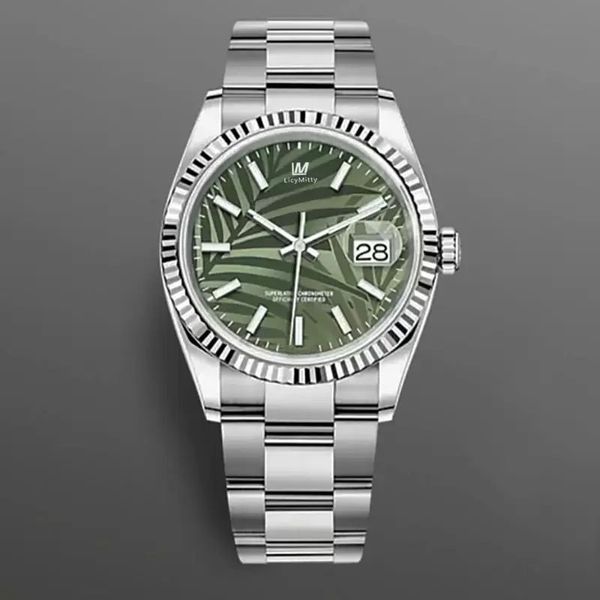 Neue Luxusuhren, 41 mm, grünes Blatt-Streifendruck-Zifferblatt, Saphirglas, Edelstahl, automatische mechanische Armbanduhr