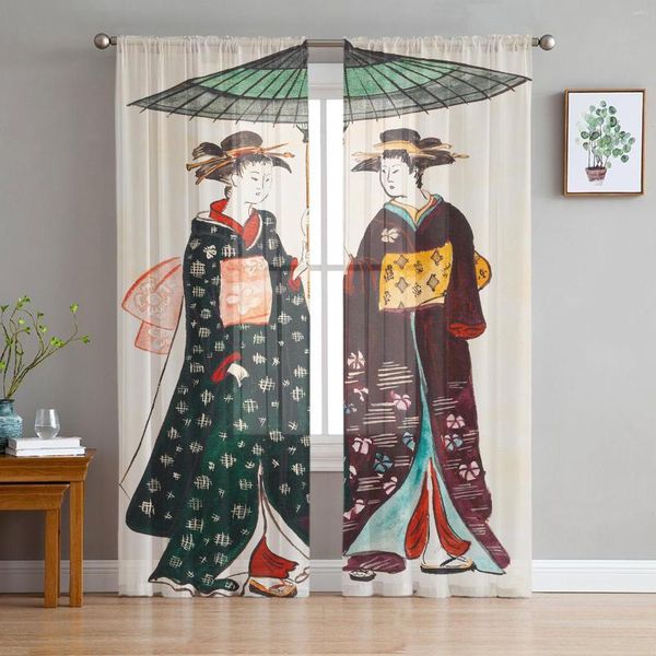 Cortina Kimono Japanese feminina GEISHA PARA SALA DE LIVRA CURTANS TULLE TULLE Janela pura a decoração dos acessórios do quarto