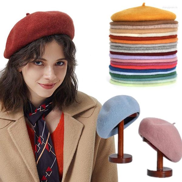 Berets Solide Wolle Frauen Beanie Hut Kappe Vintage Mode Warme Casual Sboy Mädchen Baskenmütze 2022 Großhandel