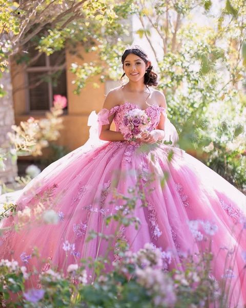 Elegante principessa con spalle scoperte Abiti Quinceanera Applique Perline Dolce 16 Abito da ballo Tulle Abiti da 15 ANos xv Corsetto