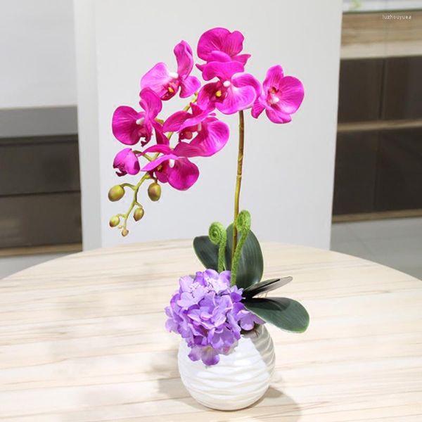 Fiori decorativi Tocco di alta qualità Farfalla Orchidea Set in vaso Ortensia artificiale Giacinto di seta Piccolo bonsai Decorazione domestica