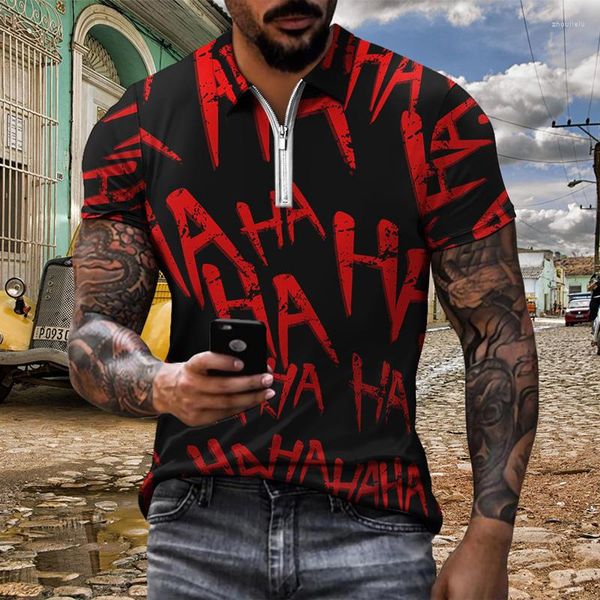 Polos masculinos 2022 camisa de pólo de verão Top T-shirt decote curto zíper 3d Imprimir letras de hip hop casual haha ​​tema