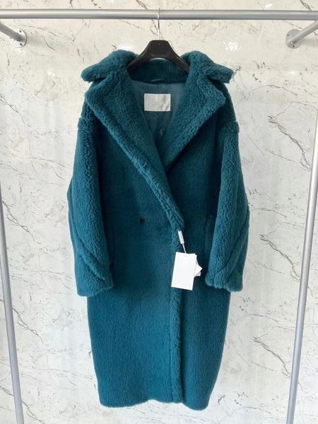 Dunkelgrüner Parka aus 62 % Alpakafell MMAX Teddy Bear Icon Coat 101801 Wolle auf Seidenbasis Damenparkas Knopfleiste Weicher Reverskragen