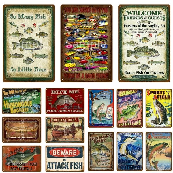 Beware Of Attack Pesce Metallo Pittura Pesca Poster Piastra metallica vintage per placca da parete Bar Art Home Decor Cuadros 20cmx30cm Woo