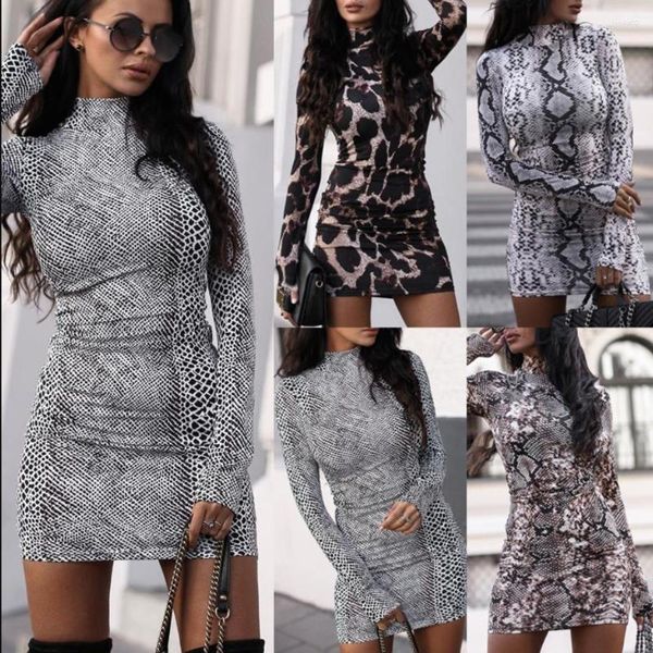 Vestidos Casuais Outono Inverno Feminino Manga Longa Estampa de Cobra Gola Alta Vestido Slim Sexy Cintura Alta Curto Bodycon