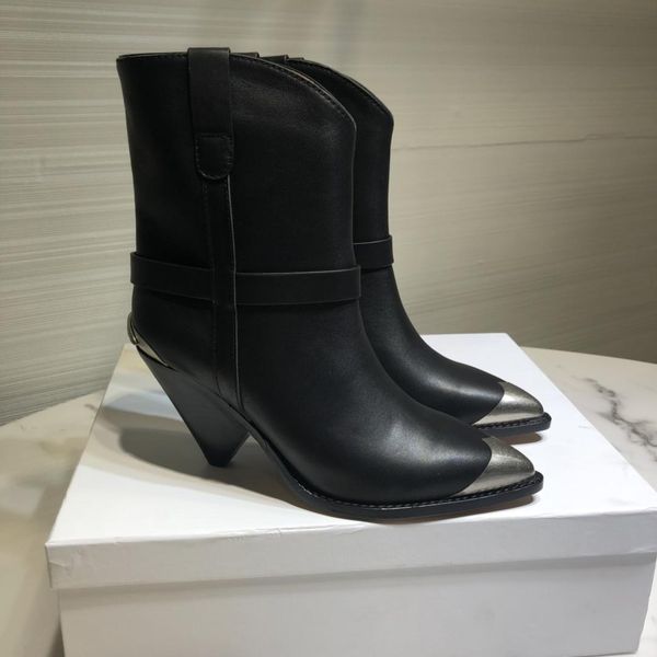 Botas Isabel clássicas Marant lamsy preto genuíno genuíno de couro real boots de metal dedo estilo ocidental