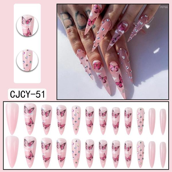 Yanlış çiviler 3d pembe set kelebek elmas parıltı tasarımları diy manikür malzemeleri fransız uzun ipuçları sahte ongles çivi üzerine basın