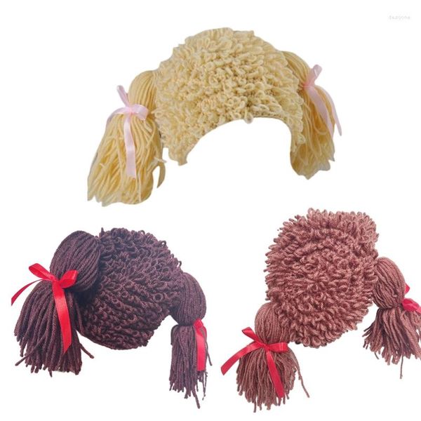 Chapéus Q39c Kid Pigtail Hair Hair Curly Handmade Foo Lã Braid Hat Crochet Girl Pogra