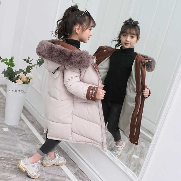 Set di abbigliamento Moda Bambini Piumino invernale Ragazza Cappotti caldi Abbigliamento Bambini Parka spesso Grande collo di pelliccia Cappotti lunghi con cappuccio Capispalla 4-14Y T200915