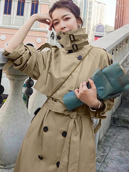 Trench da donna Cappotto lungo oversize allentato stile coreano Donna Giacca a vento doppiopetto con cintura 2022 Capispalla autunno primavera Khaki Grey