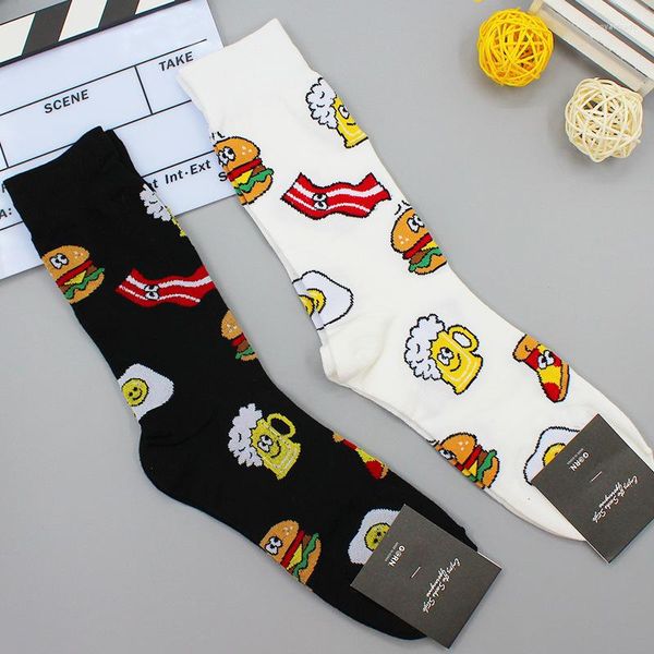 Calzini da uomo Cartoon Man Calzino Stampa alimentare per uomo Beer Hamburg Crew Bianco Cotton Sox Coreano Morbido Kawaii Calze Autunno Inverno Casual