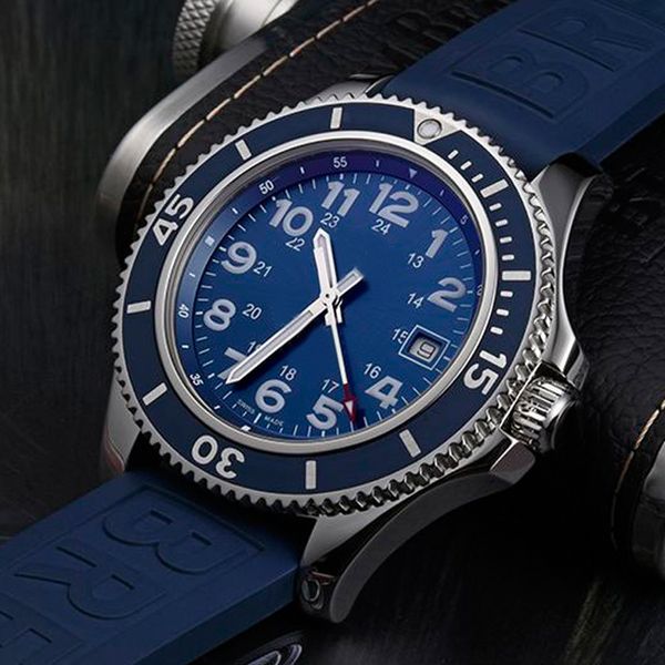 Breit Super Ocean Relógio Mecânico Moda Masculina Mostrador Azul Relógio Masculino Automático Bisel Azul Caixa Prateada Pulseira de Borracha para Homens Esportes Relógios de Pulso