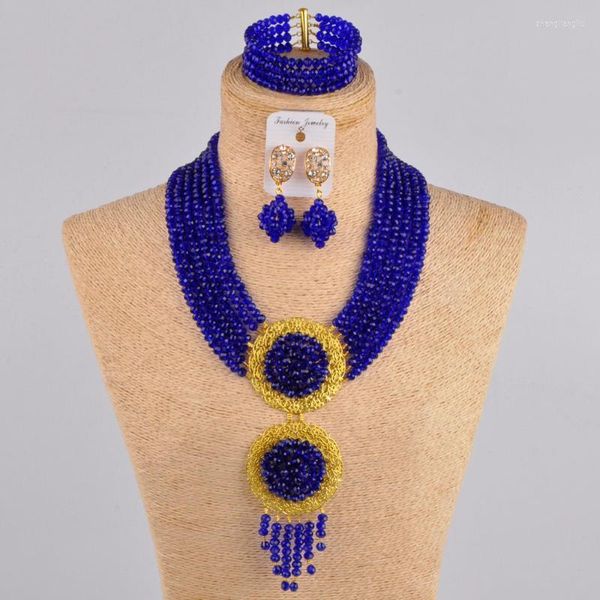 Collana di orecchini set blu reale perline africane gioielli set di perline di cristallo nigeriane per donne 6CLS01