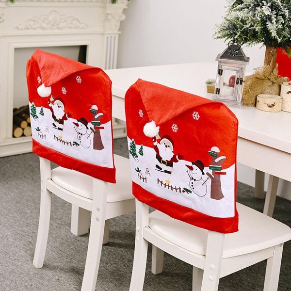 Decorazioni natalizie Schienale Fodera per sedia Classico Babbo Natale Pupazzo di neve Stampa Berretto da pranzo Comodo cuscino per schienale con pom