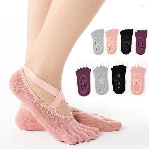 Spor çorapları 4 Molors Kadın Anti-Slip Silikon Yoga Çorap Terlik Açık/Kapalı Ayak Ayak Bileği Strapi Pilates Bölünmüş Ayak parmakları İç Mekan Giyim