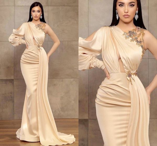 Crystals Crystals Mermaid Abito da sera Sheer Neck One Sholedate Formal Prom abiti per donne Wear Arabic Vestidos de Fieeast