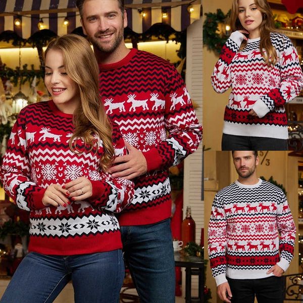 Frauen Pullover Frauen Männer Paare Weihnachten Familie Dicke Warme Lässige Rundhals Strickwaren Kleidung Weihnachten Elch Schneeflocke Muster Tops G221018