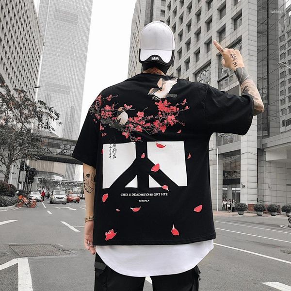 T-shirt da uomo moda maschile cinese fiori uccelli contro la guerra stampa magliette streetwear 2022 uomini Hip Hop casual manica corta top