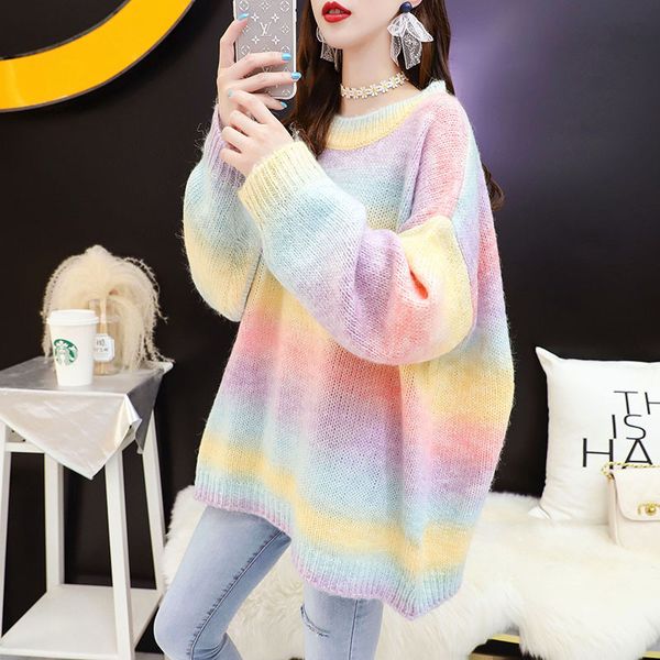 Kawaii Damen Pullover Pullover Regenbogen Mädchen Japanischer Strickpullover Lose Oversize Herbst Langarm Rosa Top Neu