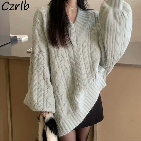 Maglioni da donna Pullover Donna con scollo a V Solid Addensare Baggy Tender Ladies Knitting Warm Simple Temperament Fashion Korean Femme Daily G221018