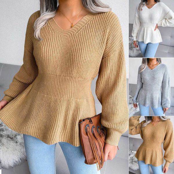 Damenpullover Schößchenoberteile Damen Strickpullover 2021 Mode Rüschen Langarmpullover und Damenpullover Weiß Grau Khaki G221018